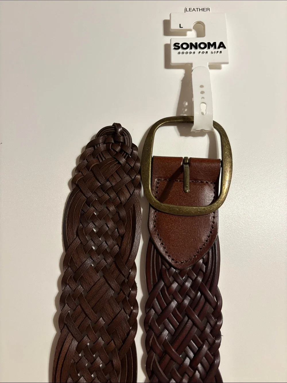 SONOMA womens Braided Leather Belt in Dark Brown with Brass Buckle nwt Sz Large